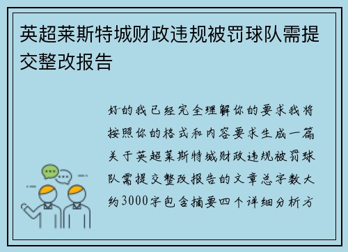 英超莱斯特城财政违规被罚球队需提交整改报告
