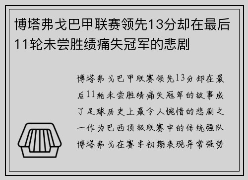 博塔弗戈巴甲联赛领先13分却在最后11轮未尝胜绩痛失冠军的悲剧